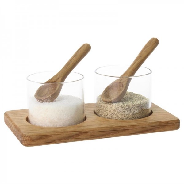 Salzschälchen Pfefferschälchen mit Löffel, aus Holz / Glas mit Tablett